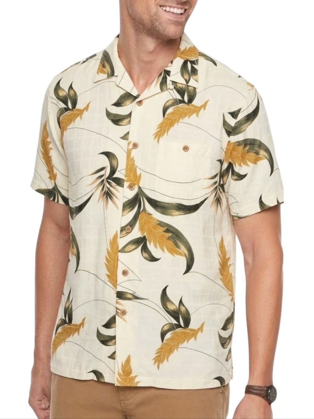 Bamboo Cay Men’s Hawaiian Shirt Size XL Cream Gold Button Down Short Sleeve EUC
